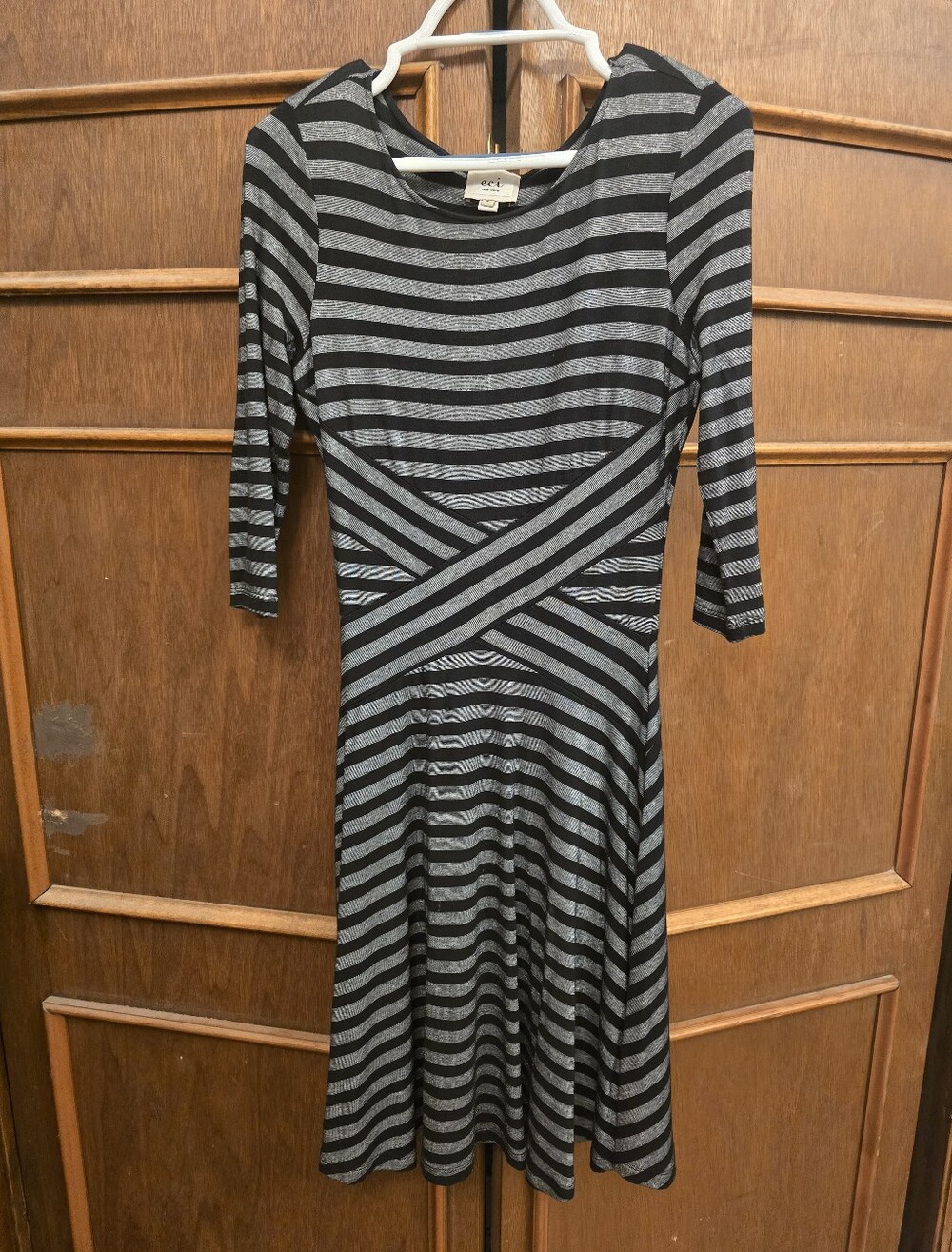 ECI Black and Gray Striped Long Sleeve Fit-and-Flare Dress
